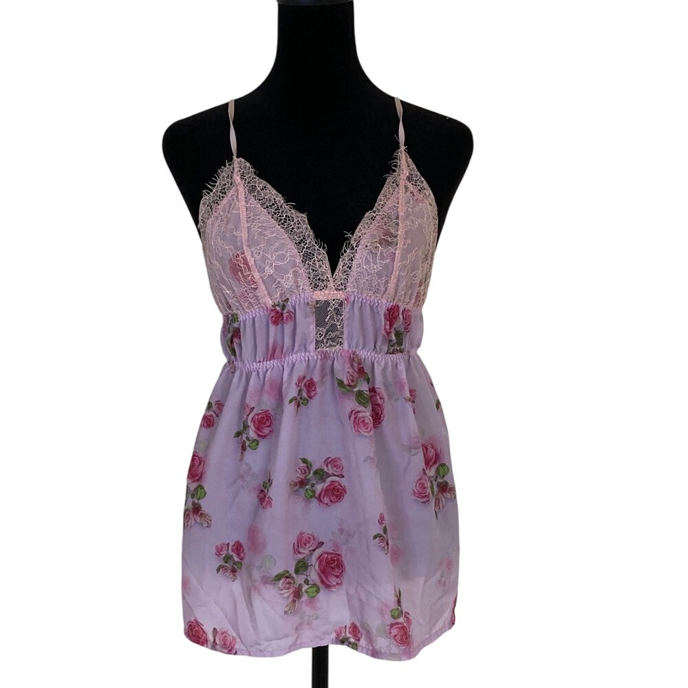 Womens Floral Lace Trim‎ Babydoll Pink Purple Camisole Tope Size M Romantic